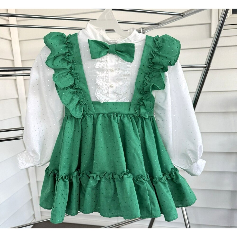 Vtg Mini World 3T Kelly Green Tuxedo Dress Full Circle Ruffle Pinafore Lace Dots